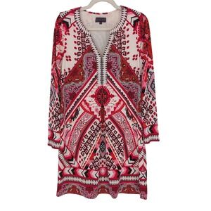 Hale Bob Shift Dress M Pink Red Geometric Medallion Long Sleeve Coastal Boho